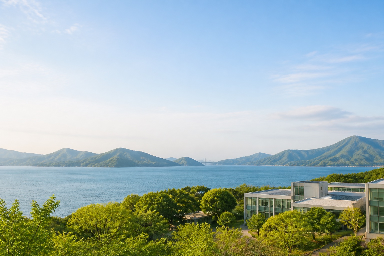 春の海と山を望むキャンパス風景