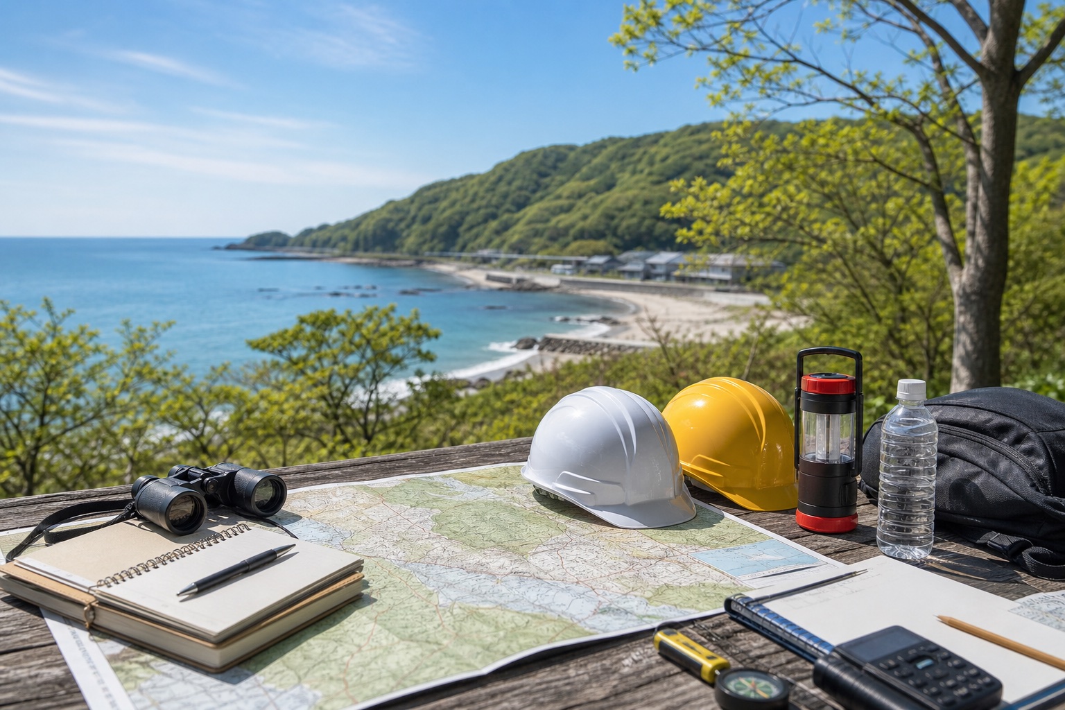 海と山を望む場所に置かれた防災学習用具