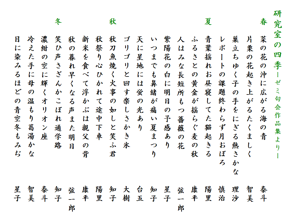 
研究室の四季－ゼミ句会作品集より－
　春　菜の花の沖に広がる海の青　　　　　泰斗
　　　片栗の花起き上がるたくましく　　　智美
　　　巣立ちゆく子の手をにぎる熱さかな  理沙
　　　レポートの課題終わらず月おぼろ　　慎治
　夏　青葉揺れお昼寝してた猫起きる　　　陽里
　　　ふるさとの黄金が揺らぐ麦の秋　　　康平
　　　人はみな長短所もつ薔薇の花　　　　弦一郎
　　　紫陽花の白に明日の予感あり　　　　星子
　　　いつまでも鼻緒が痛い夏まつり　　　知子
　　　天に星地には蛍の光あり　　　　　　台五
　　　ゴリゴリと回す楽しさかき氷　　　　大樹
　秋　秋刀魚焼く火事の如しと笑ふ君　　　知子
　　　秋祭り心ひかれて途中下車　　　　　陽里
　　　新米を食べて浮かぶは親父の背　　　康平
　　　秋の暮れ早くなる声また明日　　　　弦一郎
　冬　笑ひ声さざんかこぼれ通学路　　　　知子
　　　濃紺の空に輝くオリオン座          泰斗
　　　冷えた手に母の温もり葛湯かな　　　智美
　　　目に染みるほどの青空冬もみぢ　　　星子